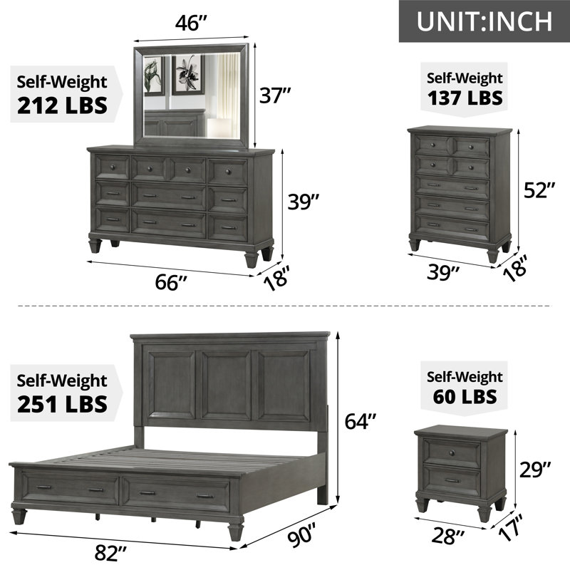Ensembles de chambre à coucher 6 pièces, ensembles de meubles de chambre à coucher en bois très grand avec lit très grand