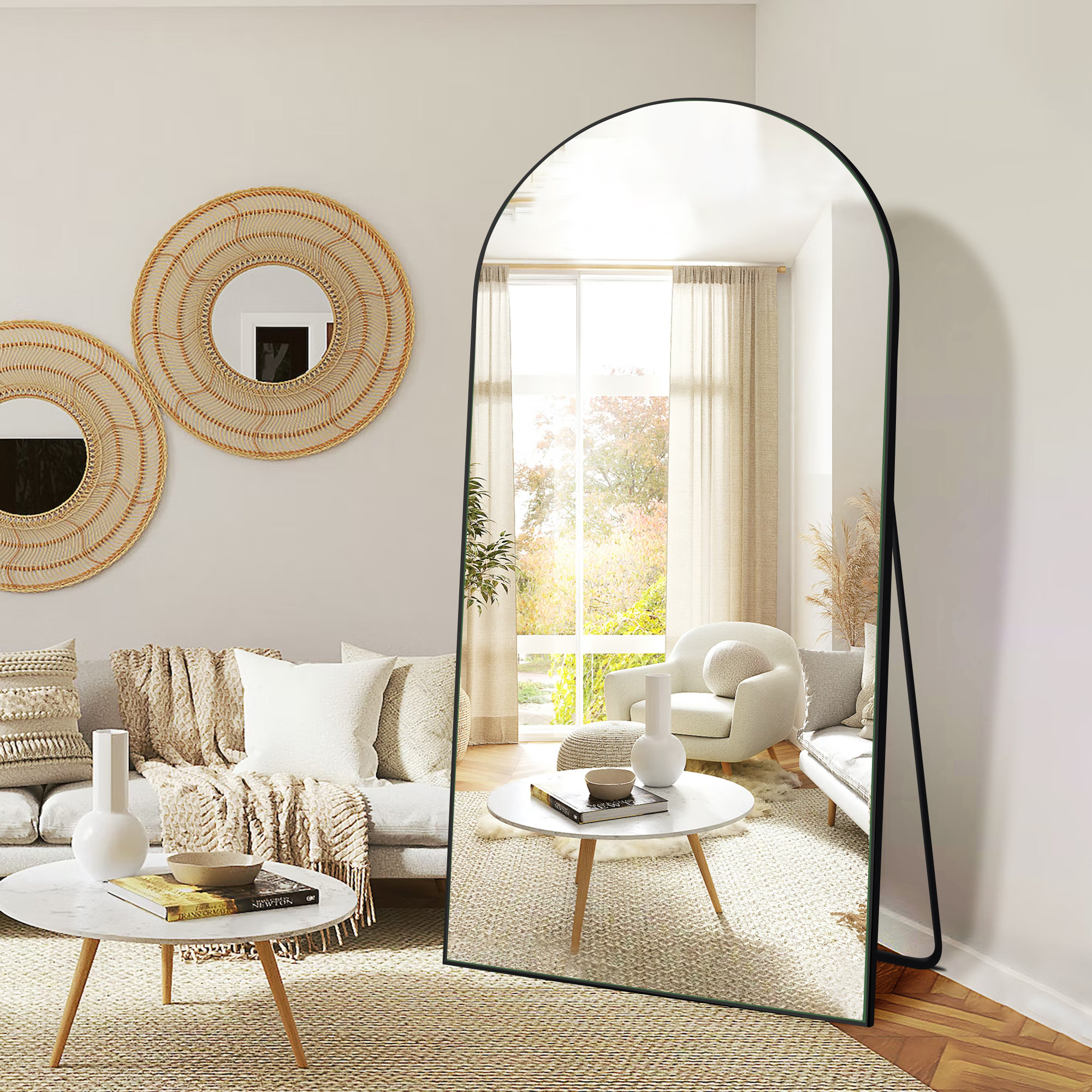 Wood Arched Full Length Mirror, 63 x 16 Arch Floor Mirror with Stand, Full