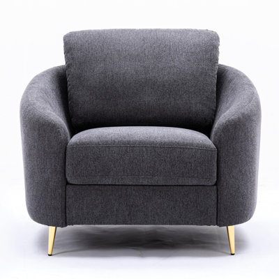 Fauteuil à dossier large gris, légèrement arrondi et incliné, tissu doux, pieds en métal doré, intérieur en bois de pin, siège décoratif contemporain pour la maison, structure d'appoint gris, siège élégant, salon
