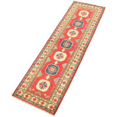 Tapis de couloir unique en laine noué à la main style ouzbé des années 2010 rouge / bleu / beige 2 pi 9 po x 9 pi 8 po Bakari Bakari