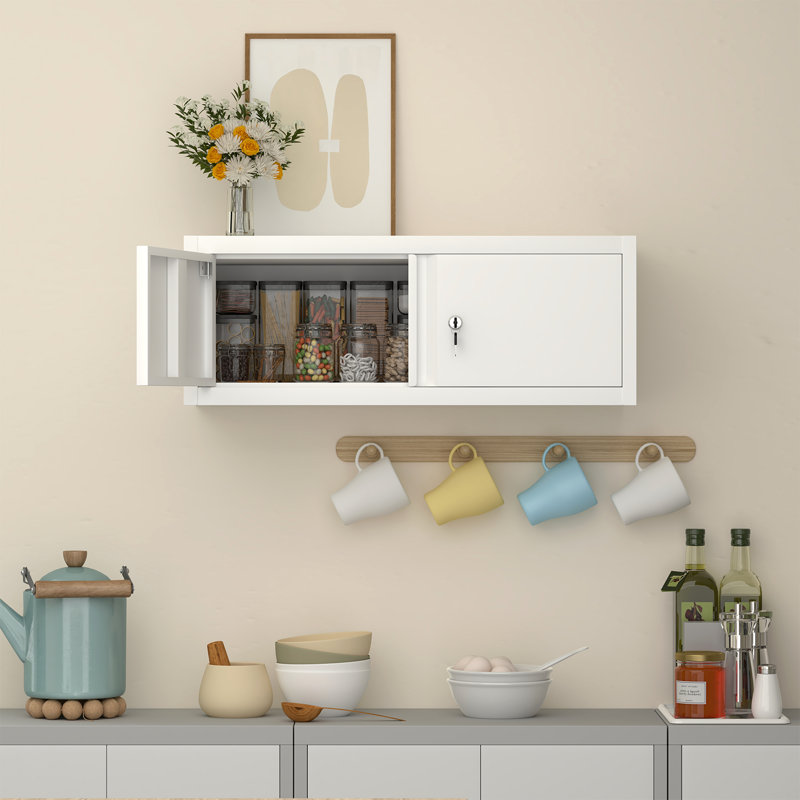 Metal Storage Cabinet,Garage Wall Mounted Storage Cabinet With Locking Doors,Steel Hanging Cabinets For Home Office,Warehouse,Bathroom,Kitchen,White,12.8''H