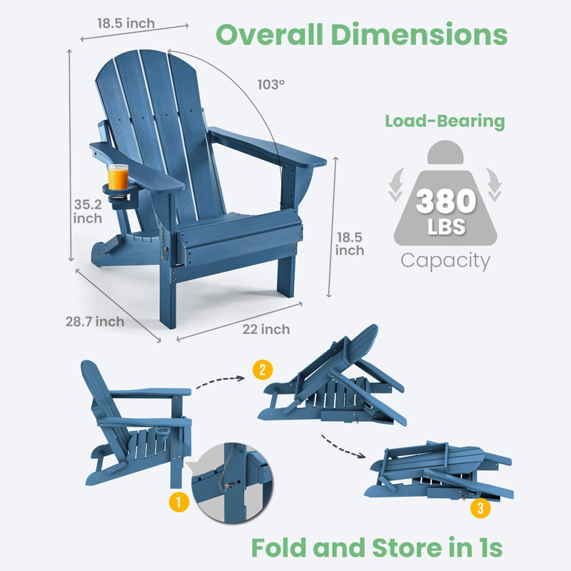 HDPE Patio Folding Adirondack Chair, Royal Blue