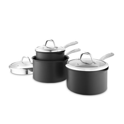 Good Food in Partnership with Tower Tri-Ply 3 Piece Saucepan Set with 16cm, 18cm & 20cm Saucepans with Tempered Glass Lids, Induction Compatible