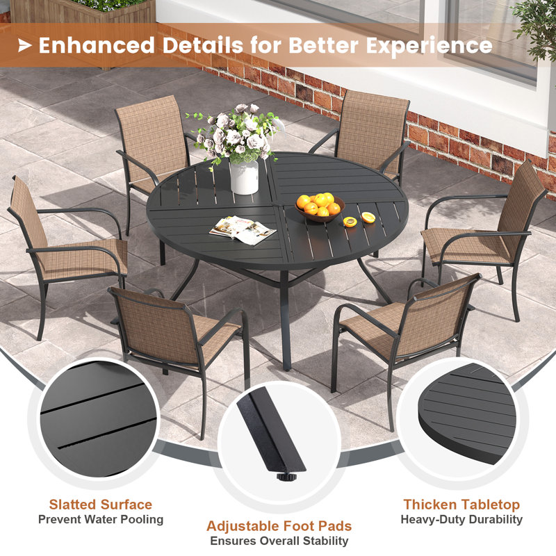 Outdoor Patio Dining Set - 47'' Round Table with Umbrella Hole + 6 Stackable Chairs, Brown/Black