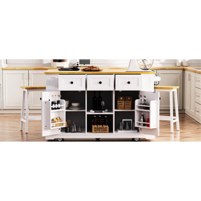 Kitchen Island Featuring 2 Bar Stools, Power Supply, 5 Wheels, Internal Rack, And 3 Drawers With Dimension, Open Side ,