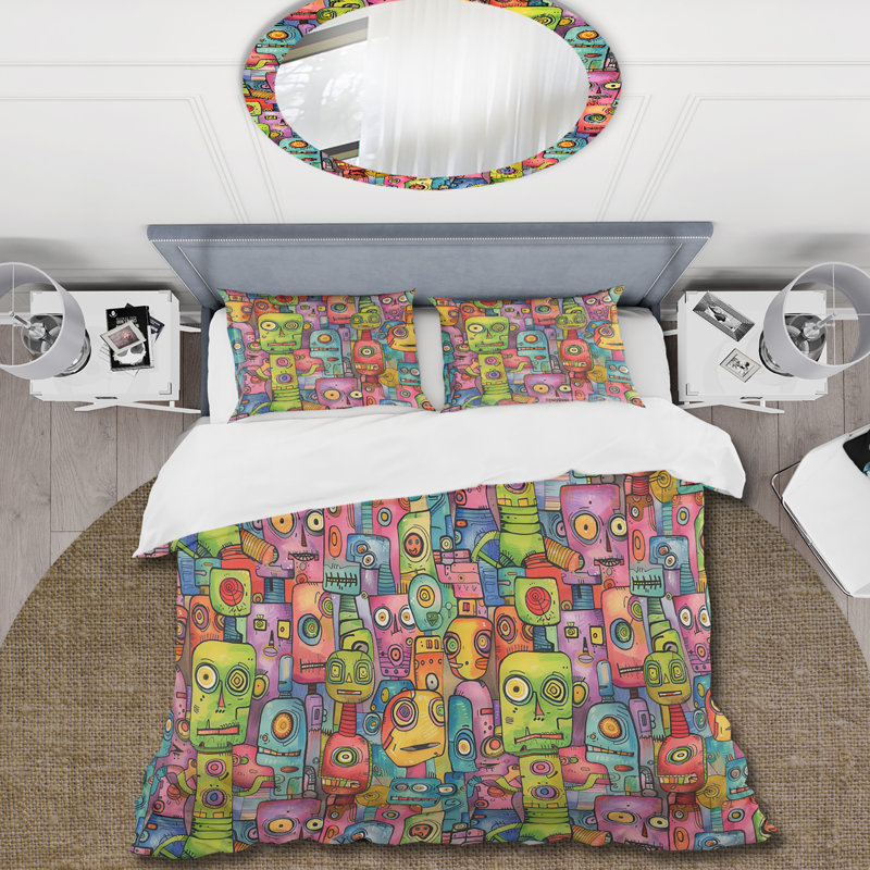 Ensemble de housse de couette rose, bleu et robot Friends II, Housse de couette très grand + 2 très grandes ta
