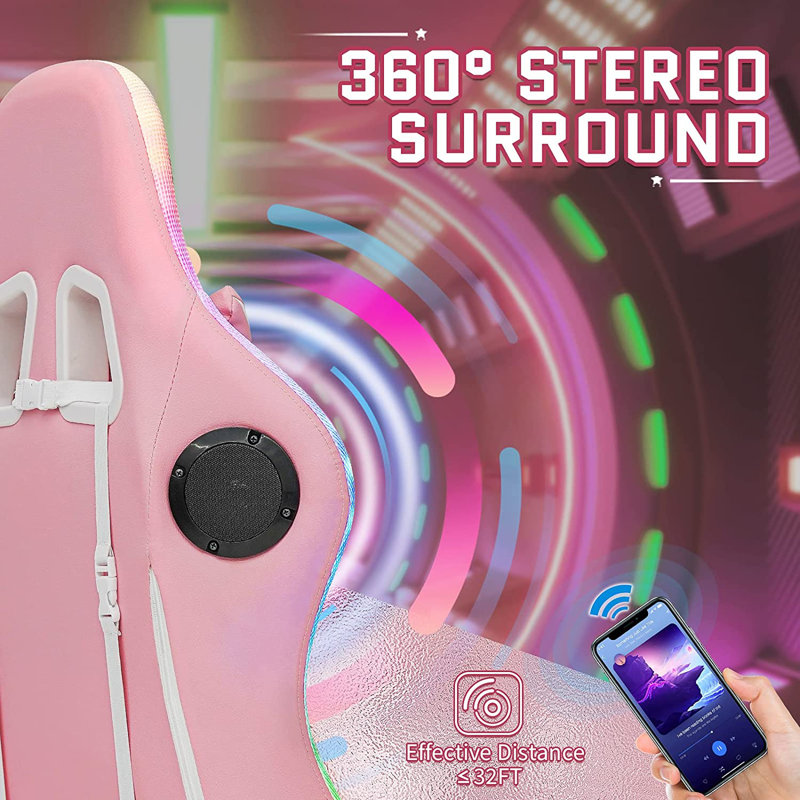 Pink and White Ergonomic Gaming Chair with Bluetooth Speakers and LED Lights