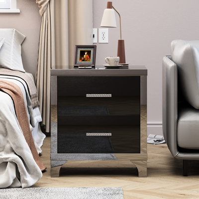 Table de chevet moderne noire à 2 tiroirs avec pieds en métal et glissières silencieuses