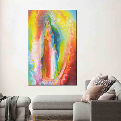 Toile moderne en coton de couleur vive de Notre Dame de Guadalupe conçue pour ajouter une touche d'inspiration religieuse à n'importe quel décor de chambre