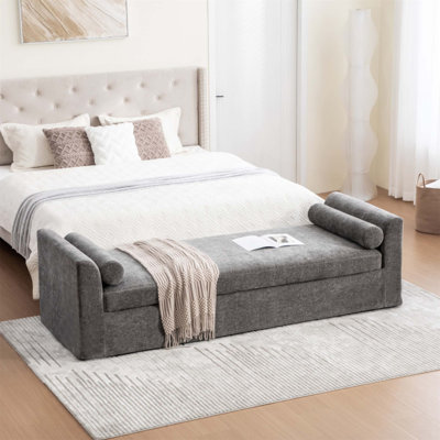 Chaise longue en chenille de 90,55 po de largeur, banc latéral avec accoudoirs et traversins, parfait pour les salons, les vestibules, les dortoirs et les chambres à coucher