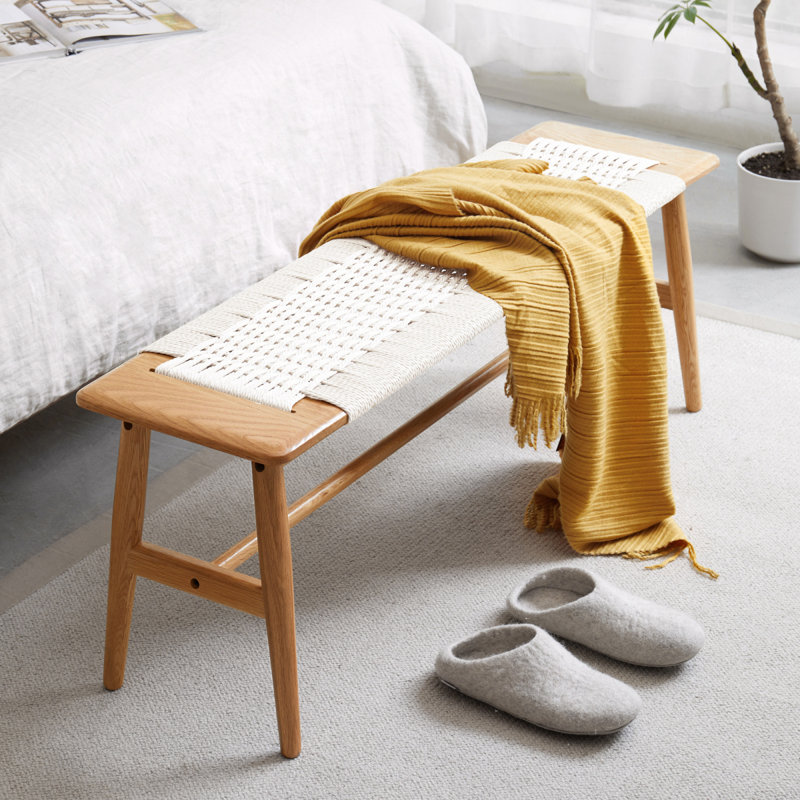 Design Natural Oak Wood Dining Bench Bed Bench For Dining Room, Bedroom, Bathroom (White), White