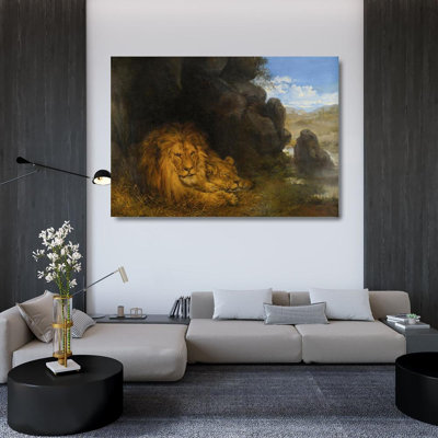 "Two Lions in a Cave" by  Wilhelm Kuhnert - Gallery Wrap Canvas Wall Art
