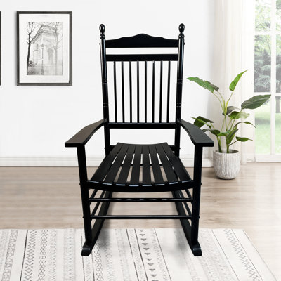 Balcony Porch Rocking Chair In Black - Solid Hardwood Made With Comfortable And Spacious Seat & Armrest Slatted Back For Assurance Comfort Simple Assembly Hardware Instructions Included Can Bear A