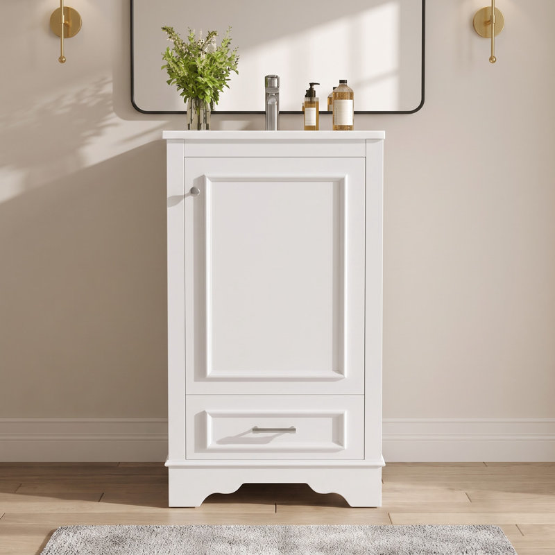 Meuble-lavabo autoportant de 50 cm avec lavabo en céramique, tiroir, porte à fermeture douce et tablette réglable – Meuble de rangement compact pour petites salles de bain et salles d'eau