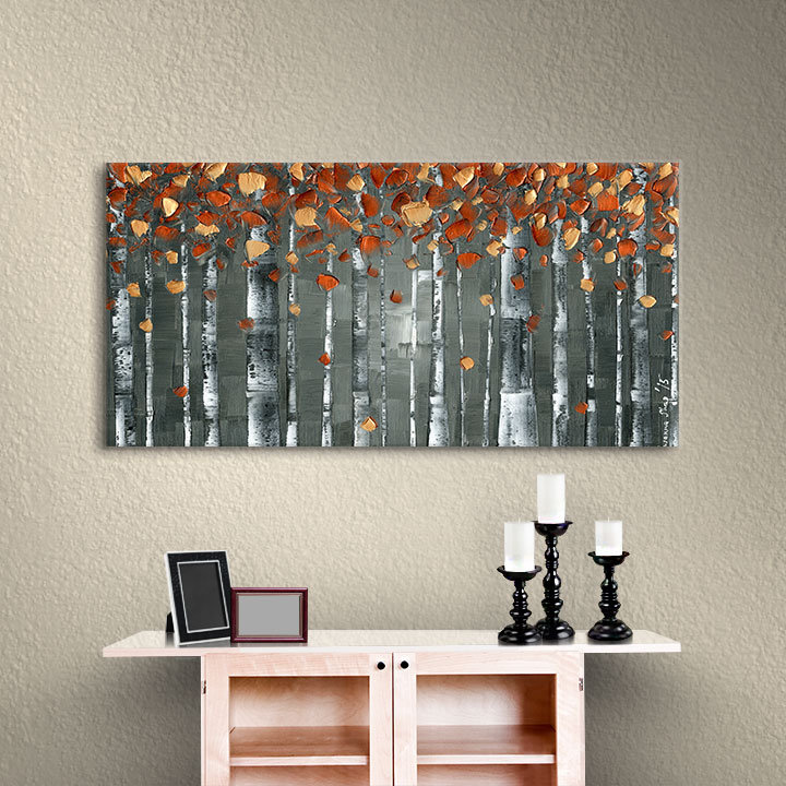 Bouleau en cuivre, impression sur toile tendue, H 18 po x l 36 po x P 2 po