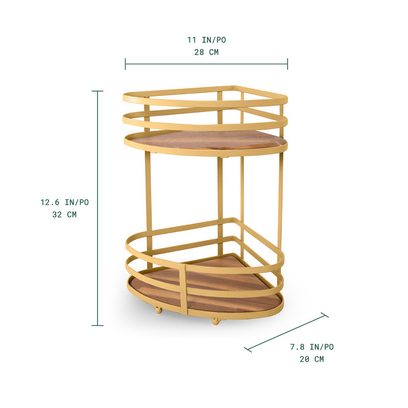 Serviteur de salle de bain de coin à 2 niveaux avec détails en bois d'acacia doré, Doré
