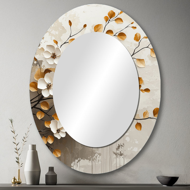 White Gold Botanical Cherry Blossom Trees - Large Oval Wall Mirror On Metal, 43" x 33"