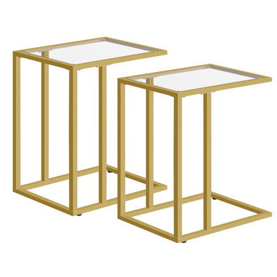 Set Of 2 C-Shaped Side Table, Gold Side Table, Tempered Glass Sofa Side Table, Under Sofa Table, Small Coffee Table With Metal Frame, Small Bedside Table For Living Room