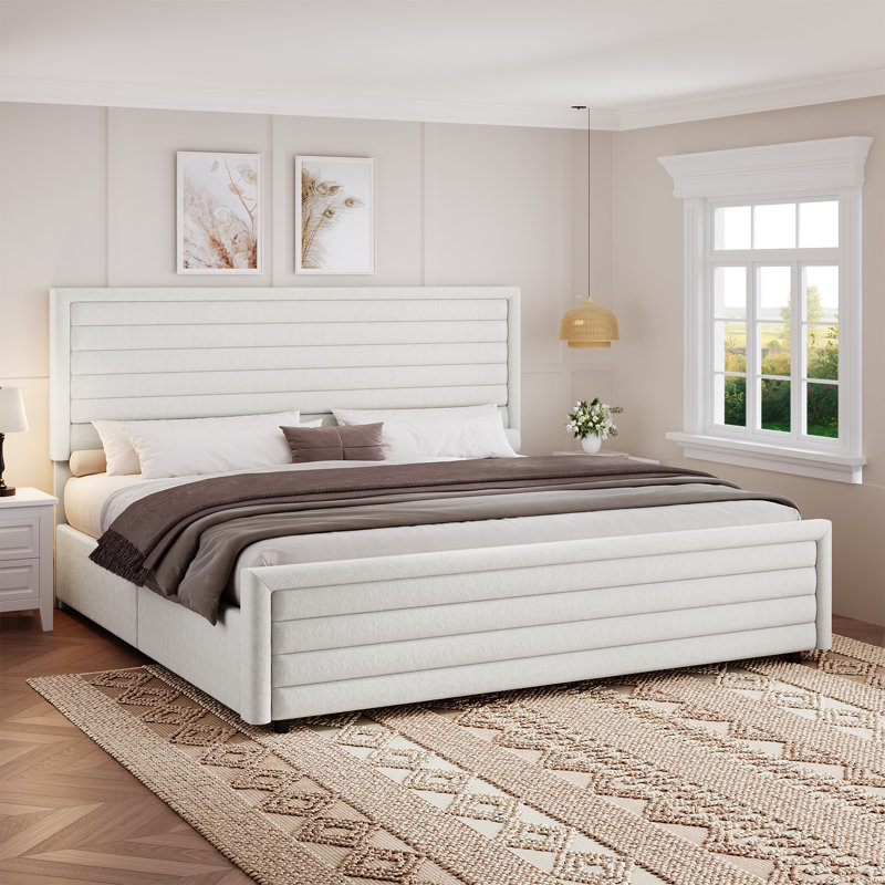 Bed Frame, Upholstered Platform Bed with Velvet Headboard and Footboard, Mattress Foundation with Wooden Slats, White, King