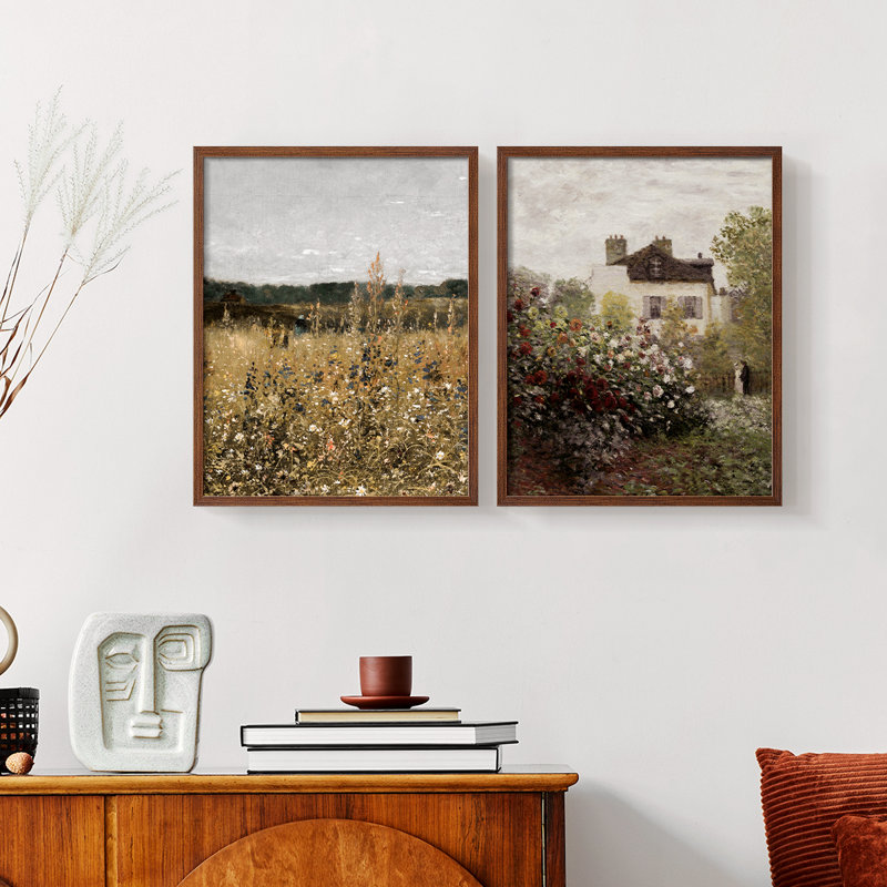 «Vintage Landscape XLIX», impression giclée sur cadre - ensemble de 2, H 12 po x l 30 po, Noyer