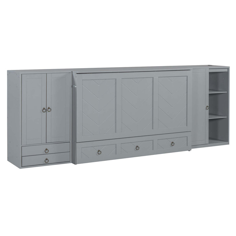 Lit escamotable avec port USB, petites armoires et tiroirs, Gris