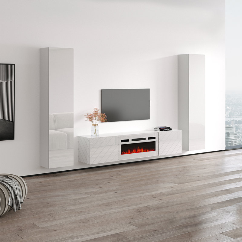 Meuble audio-vidéo moderne avec foyer électrique 103,6 po Briac, Blanc