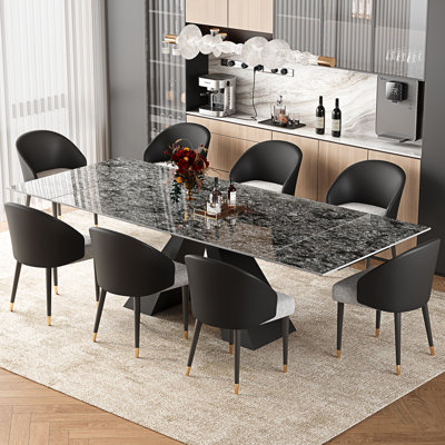 Ensemble de salle à manger 9 pièces avec plateau de table en pierre frittée extensible de 110,24 po, 8 chaises de salle à manger rembourrées en similicuir et base en métal