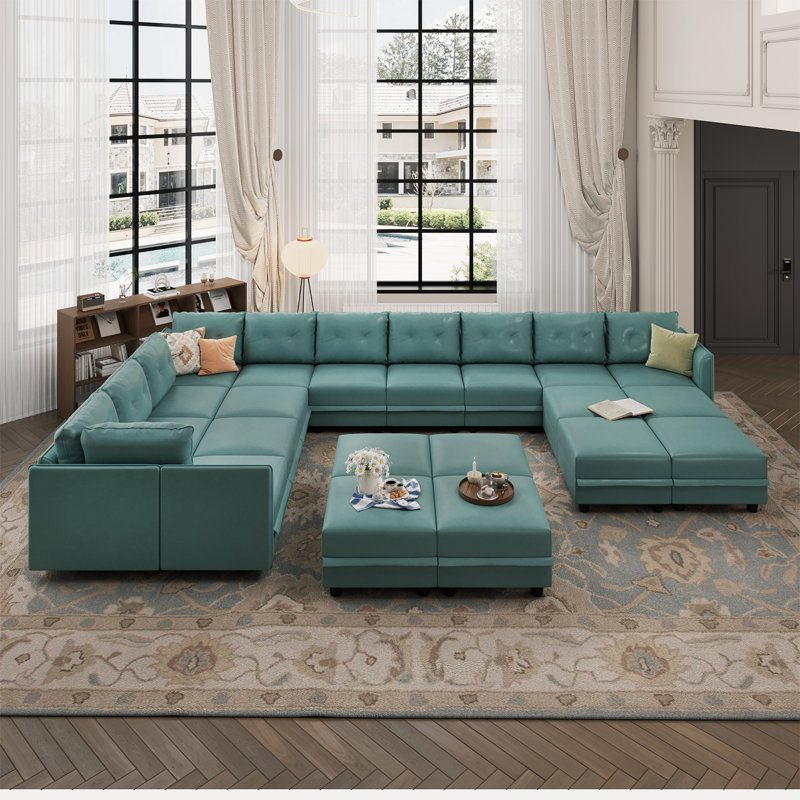 Zendajas Upholstered U-Shaped Sectional Reversible, Teal Green Faux Leather