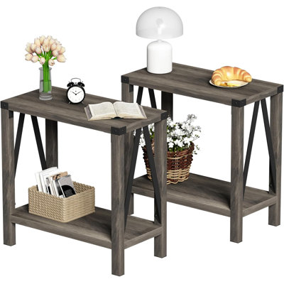 Tables d'appoint rustiques de style campagnard avec tablette de rangement, tables de bout étroites en A pour petits espaces, tables de chevet pour salon, chambre à coucher (ensemble de 2, gris)