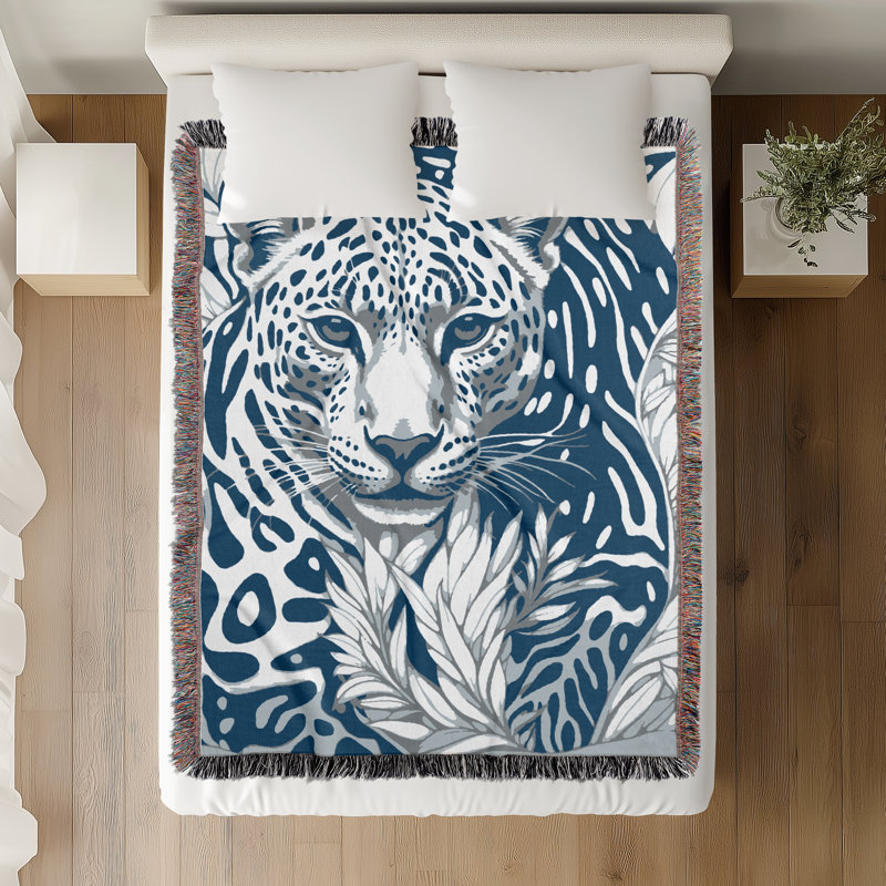 Jeté en mélange de coton léopard Fiero, L 60 po x l 50 po, Bleu / Blanc cassé
