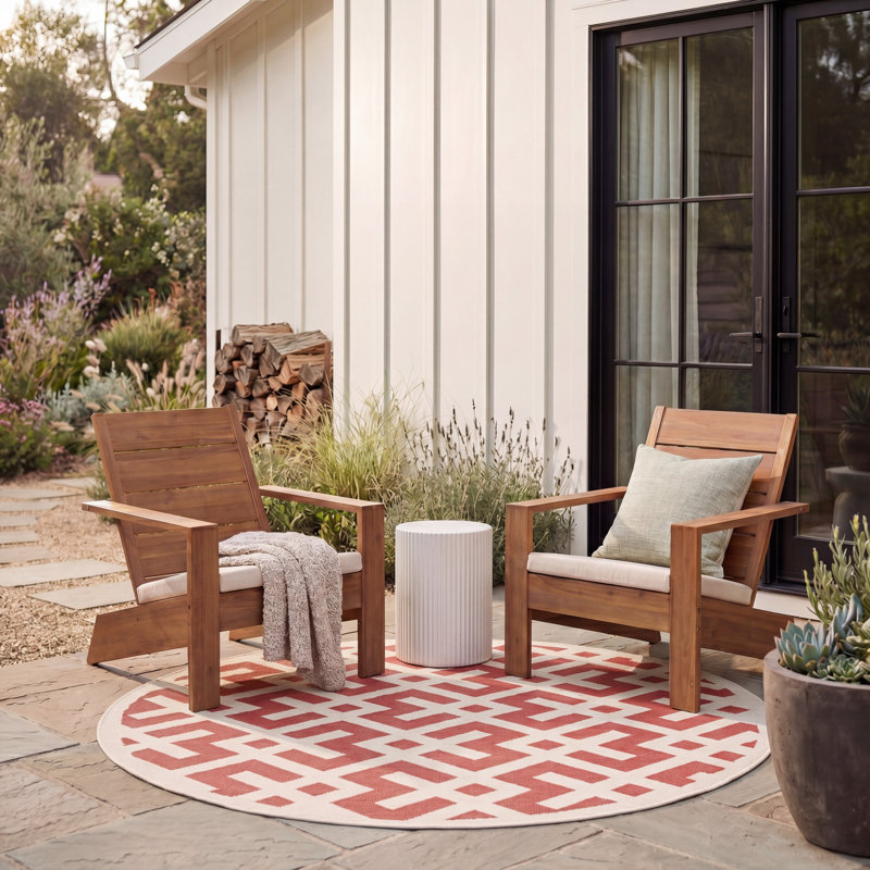 Arneshia Geometric Flatweave Red/Bone Area Indoor/Outdoor Area Rug, Round 5'3"