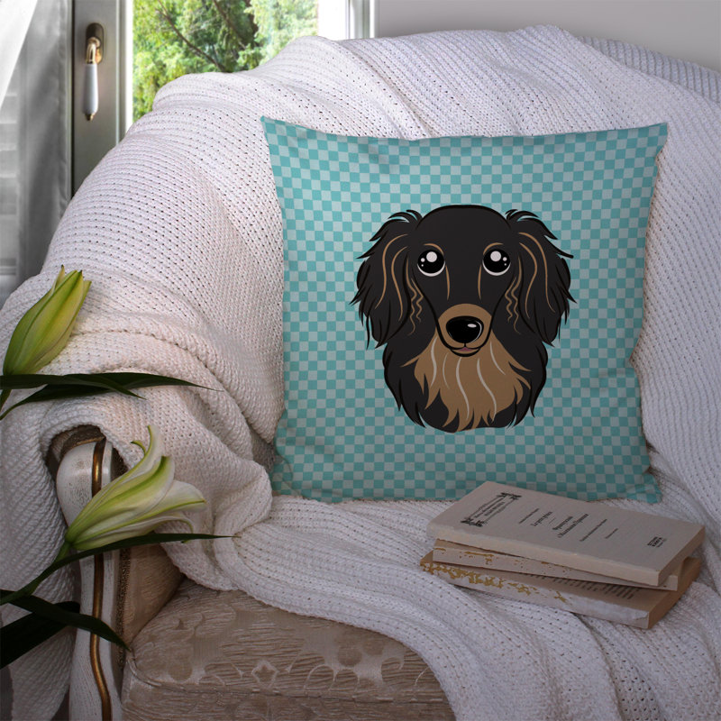 Coussin décoratif intérieur/extérieur noir et brun clair teckel teckel à long damier, H 14 po x l 14 po x P 4 po, Bleu