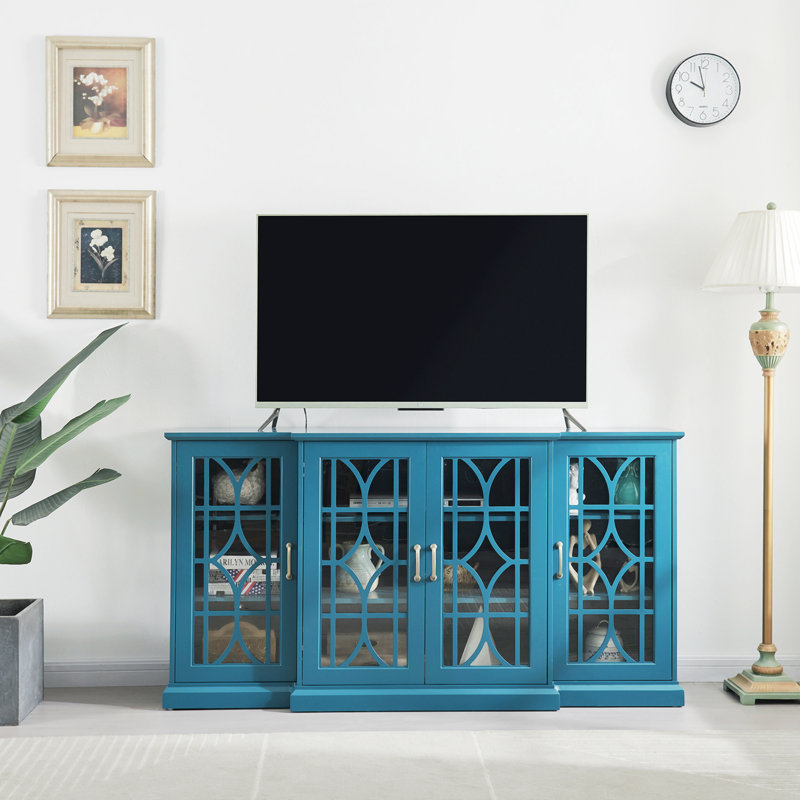 Ambriehl 63'' Buffet Storage Cabinet, TV Stand Up to 70" Console Table with 4 Glass Door and Carved Design
