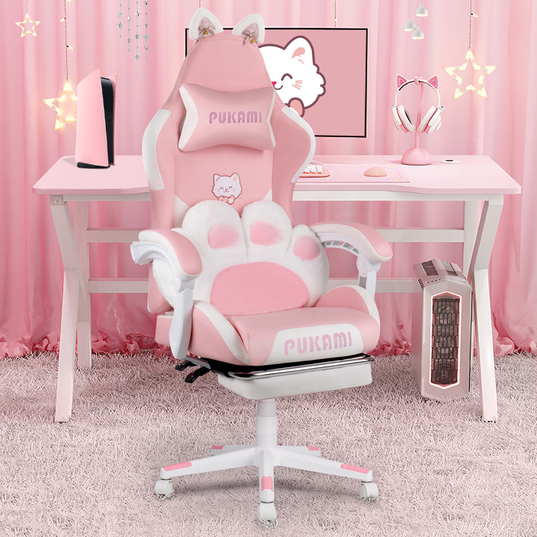 Ivy Bronx Gaming Chair With Cat Ears And Cat Paw Cushion Pillow,cute Computer Chair For Girl With Footrest Ivy Bronx Upholstery Color: Pink