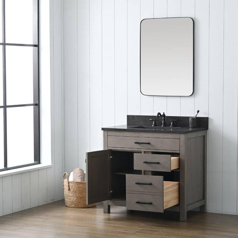 Ensemble de meuble-lavabo simple 36 po Ajiya, Gris texturé / noir mat, Calcaire bleu