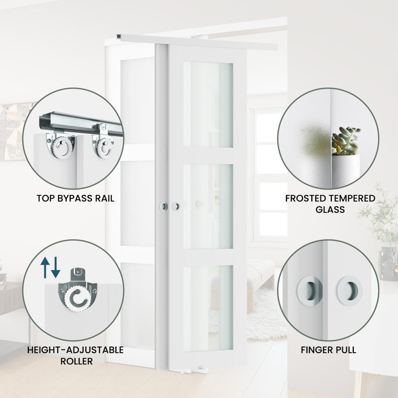 Frosted Glass and Solid Manufactured Wood Sliding Closet Doors with Installation Hardware Kit, 60" x 80"