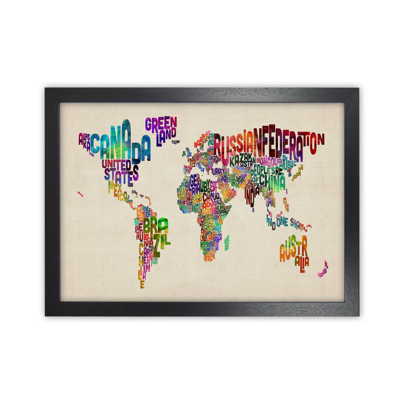 Text Map Of The World by Michael Tompsett - Print, Black Framed, 34cm H x 46cm W x 3cm D