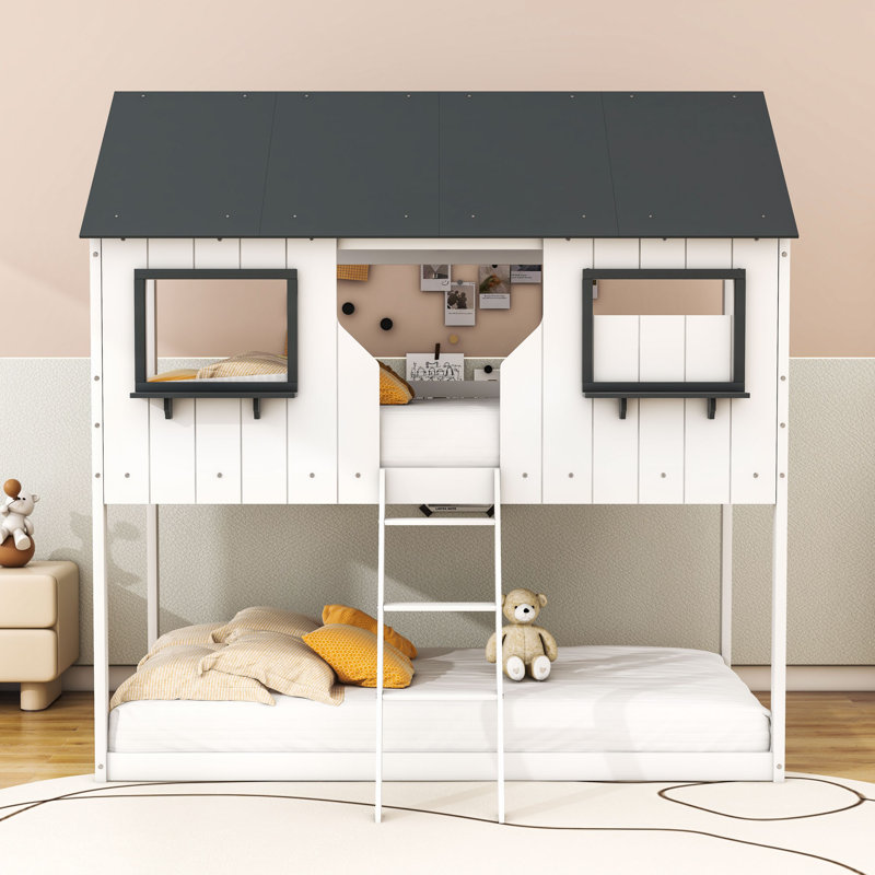 Arlton Twin Over Twin Wooden Playhouse Bunk Bed With Roof, Window And Guardrail, White