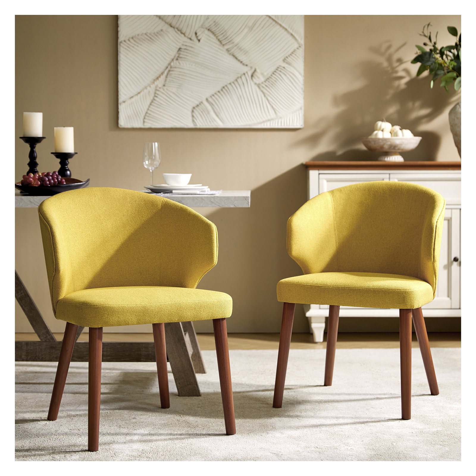 Kanalu Wing Back Side Dining Chair with Solid Wood Legs, Mustard Linen
