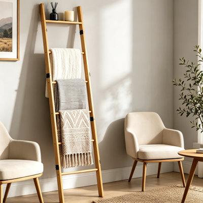 Échelle de couverture en bois avec tablette, porte-serviettes incliné à six niveaux pour le salon, la chambre à coucher et la salle de bain, décor de maison de campagne pour courtepointes, jetés et serviettes