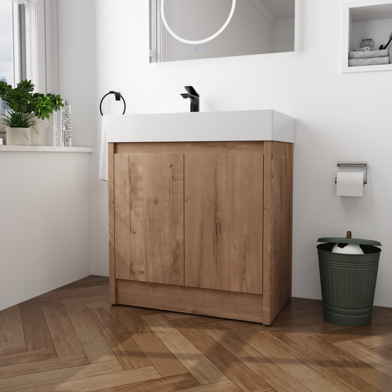 Meuble-lavabo autoportant 30 po à deux portes avec tablette ajustable et lavabo en résine à bords épais - Armoire de rangement sur pied avec lavabo incluse