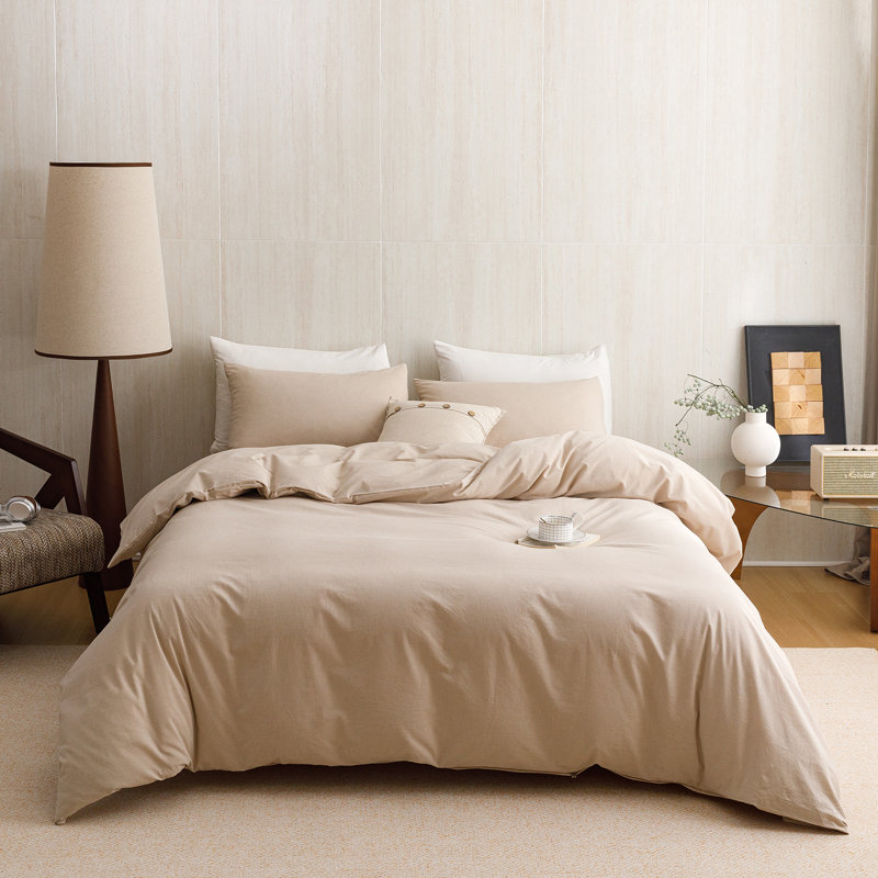 Wellboo Washed Cotton Comforter Set 100% Cotton Bedding Set 3 Pcs Bed Comforter Set, Beige, Twin Comforter + 2 Pillowcases