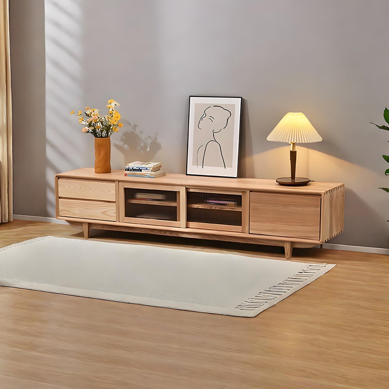 Meuble télé en bois de frêne avec porte coulissante et rangement, H 15,74 po x L 78,74 po x l 19,68 po
