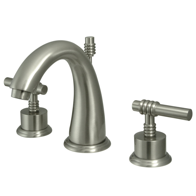 Kingston Brass Milano Two-Handle 3-Hole Deck Mount Widespread Bathroom Faucet with Brass Pop-Up Drain, Brushed Nickel