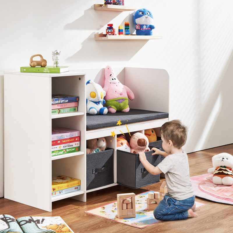 Kids Reading Nook Bench 6-Cubby Storage Bookshelf with Seat Cushion White