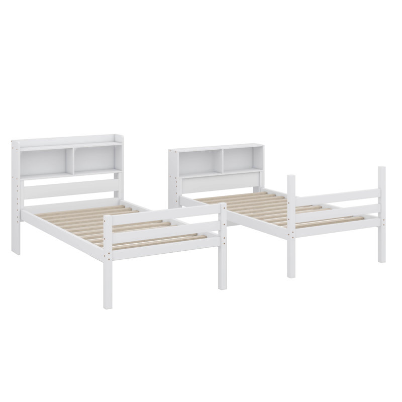 Lit superposé simple en bois d'hévéa avec bibliothèque convertible, Blanc