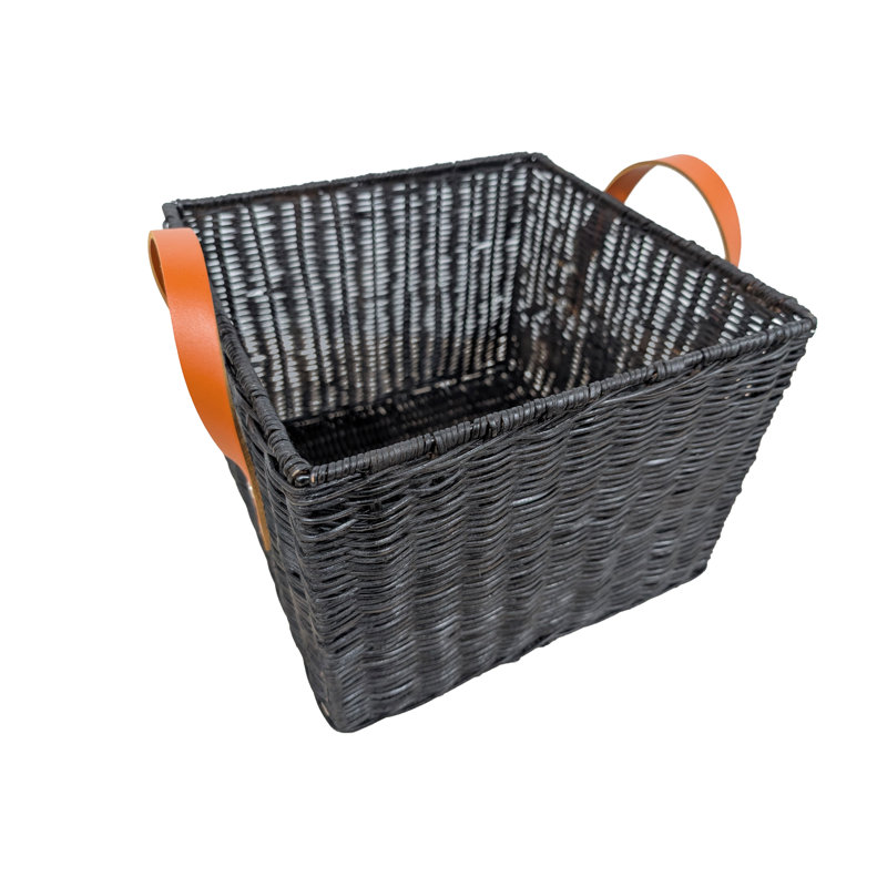 Panier de rangement décoratif et fonctionnel en rotin tissé à la main noir Cole avec poignées en cuir brun