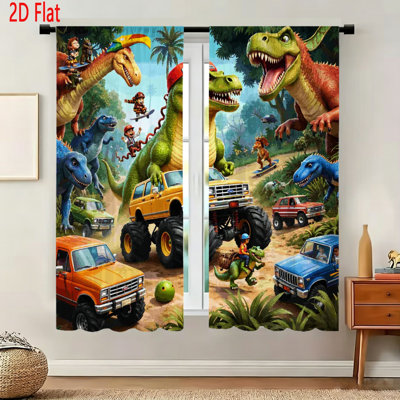 2 Piece Dinosaur Theme Window Curtains Set Funny Cartoon T Rex with Monster Trucks Pattern Kids Bedroom Decor Soft Fabric Rod Pocket Drapes for Room Living Room Window Treatments 55 x 78 Inches