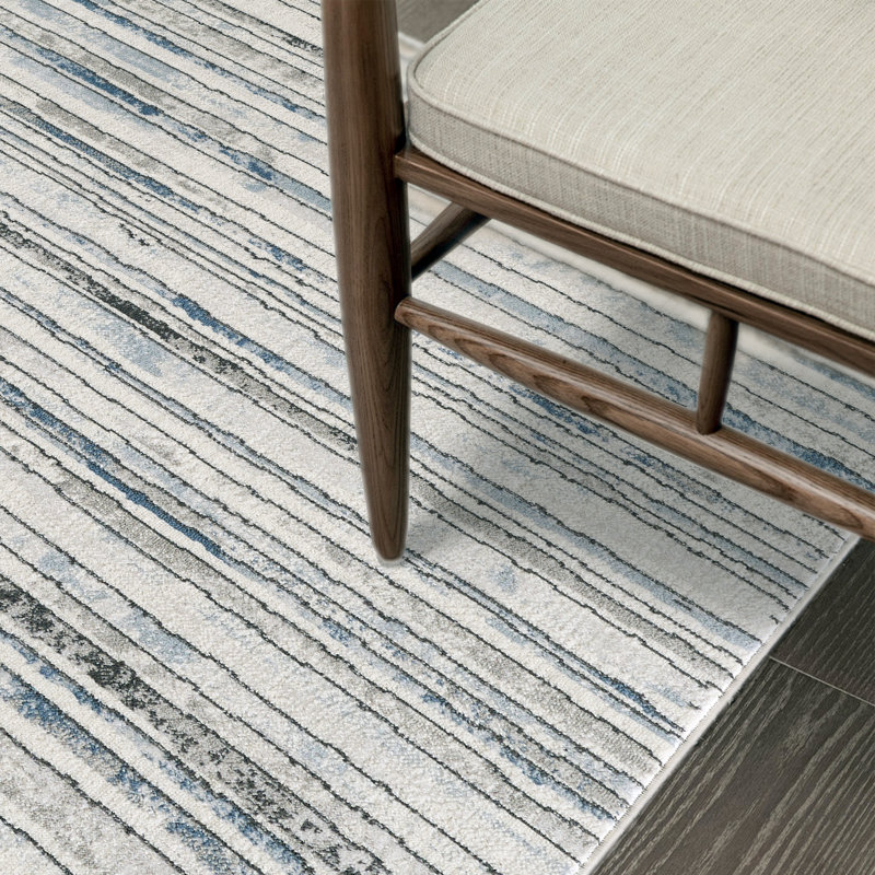 Modern Minimalist Striped Area Rug in Blue/Cream/Gray for Living Room, Hallway, Entryway Rugs, Rectangle 7'10" x 10'