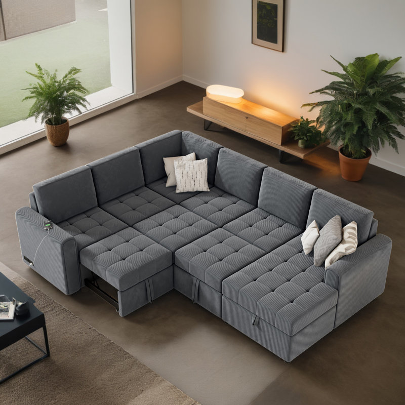 108" Convertible U-shaped Pull-Out Sleeper Corner Sectional Sofa Bed with Storage Chaise, Gray